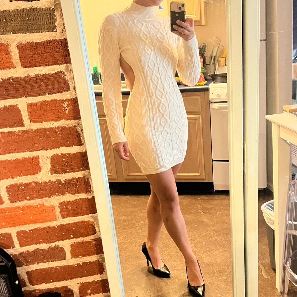 Open back sweater dress long sleeve mock turtle neck